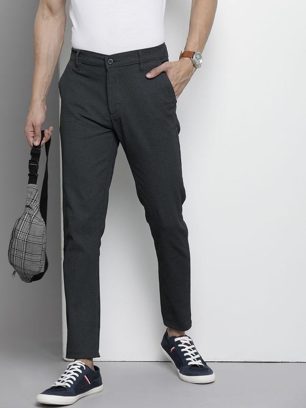 The Indian Garage Co Men Grey Checked Slim Fit Trousers