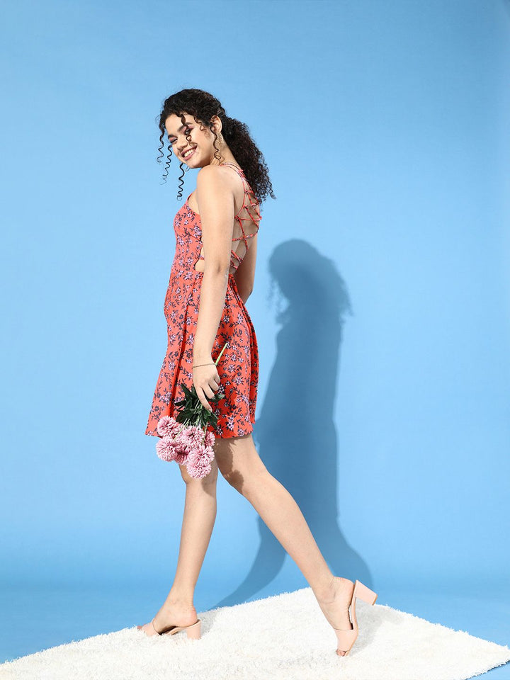 Berrylush Orange Floral Print Lace Up Back Crepe Dress