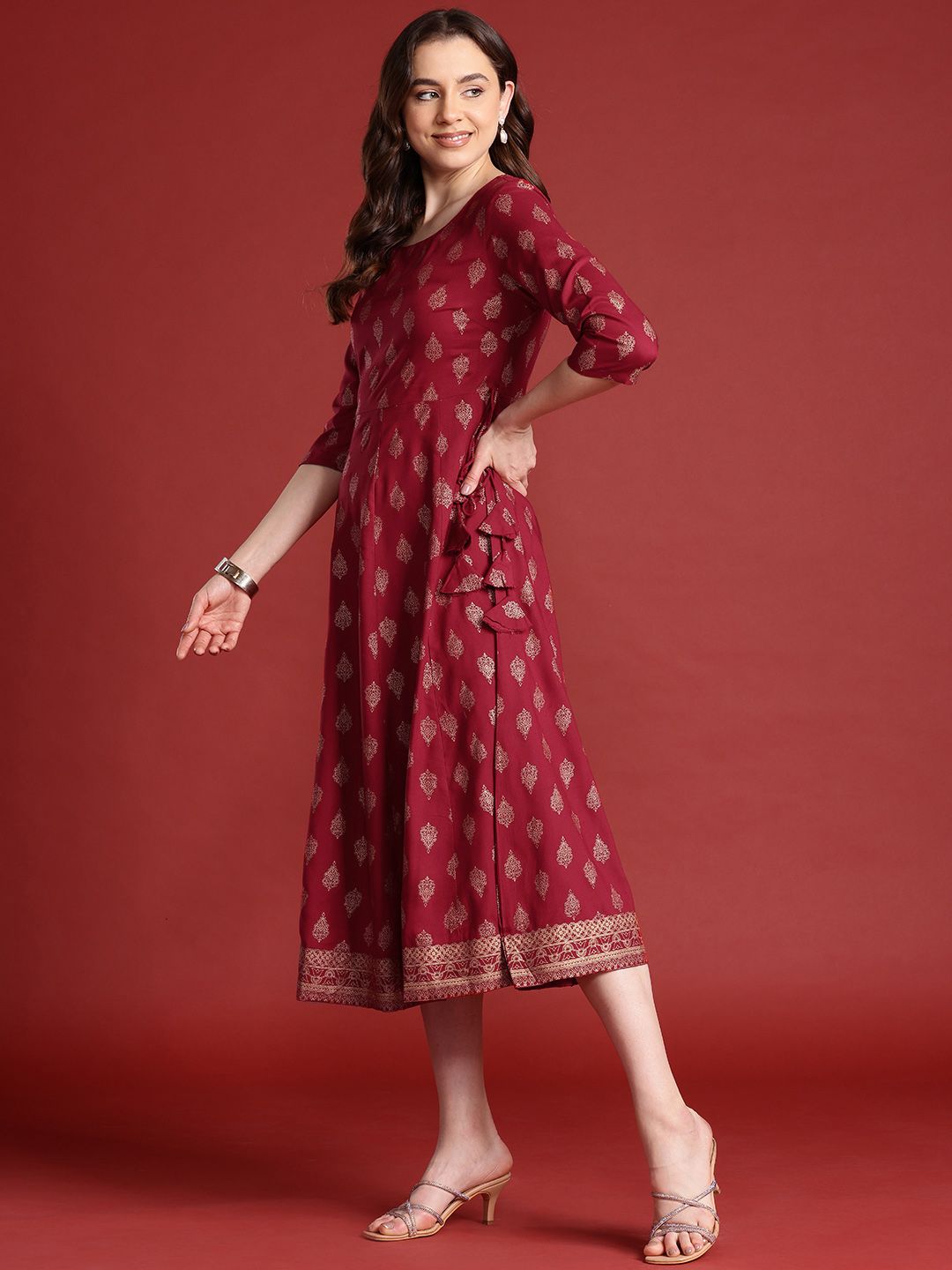 Anouk Tie-Up Tassels Detail Foil Print A-Line Midi Ethnic Dress