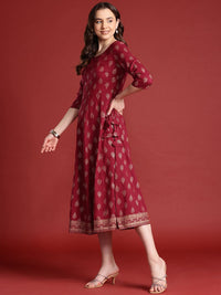 Anouk Tie-Up Tassels Detail Foil Print A-Line Midi Ethnic Dress