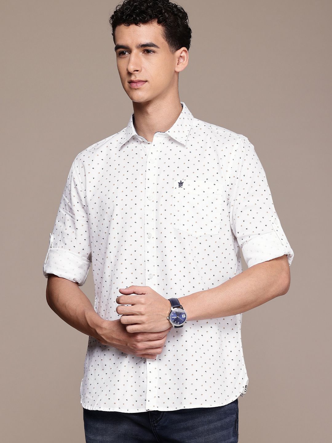 French Connection Slim Fit Micro Ditsy Printed Roll-Up Sleeves Pure Cotton Casual Shirt