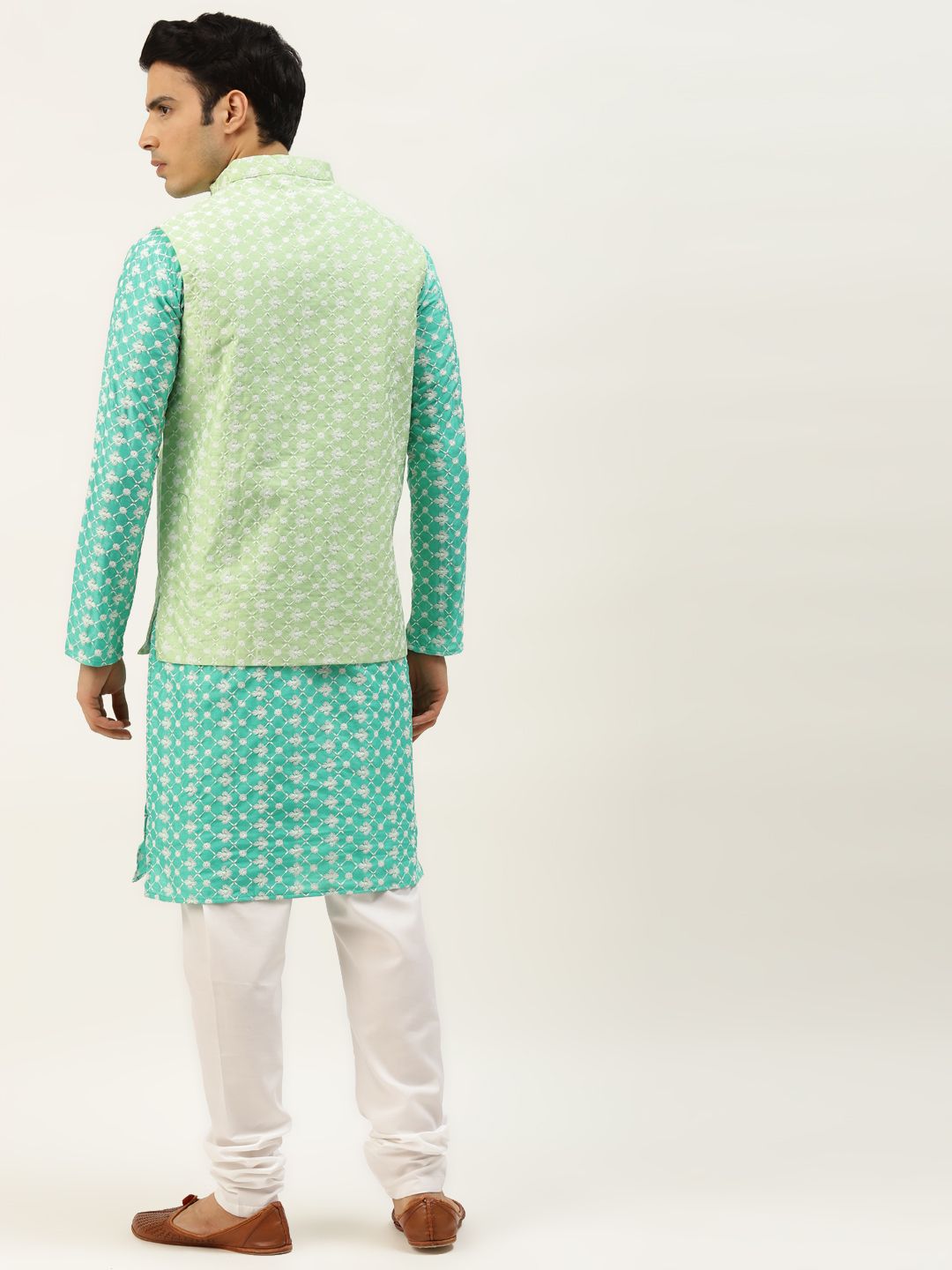 SOJANYA Lelaki Motif Etnik Hijau & Biru Sulam Kurta Churidar