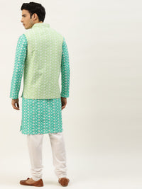 SOJANYA Lelaki Motif Etnik Hijau & Biru Sulam Kurta Churidar