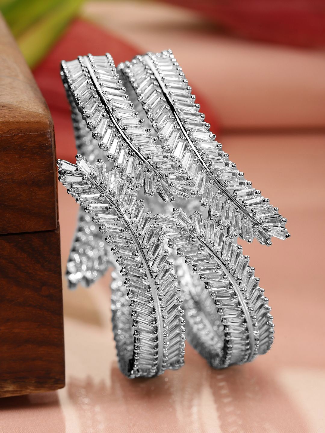 Rubans Set of 2 Rhodium Plated AD & Cubic Zirconia Studded Premium Bangles