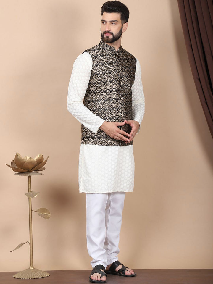 Anouk Cream-Coloured Floral Embroidered Pure Cotton Kurta with Churidar & Nehru Jacket