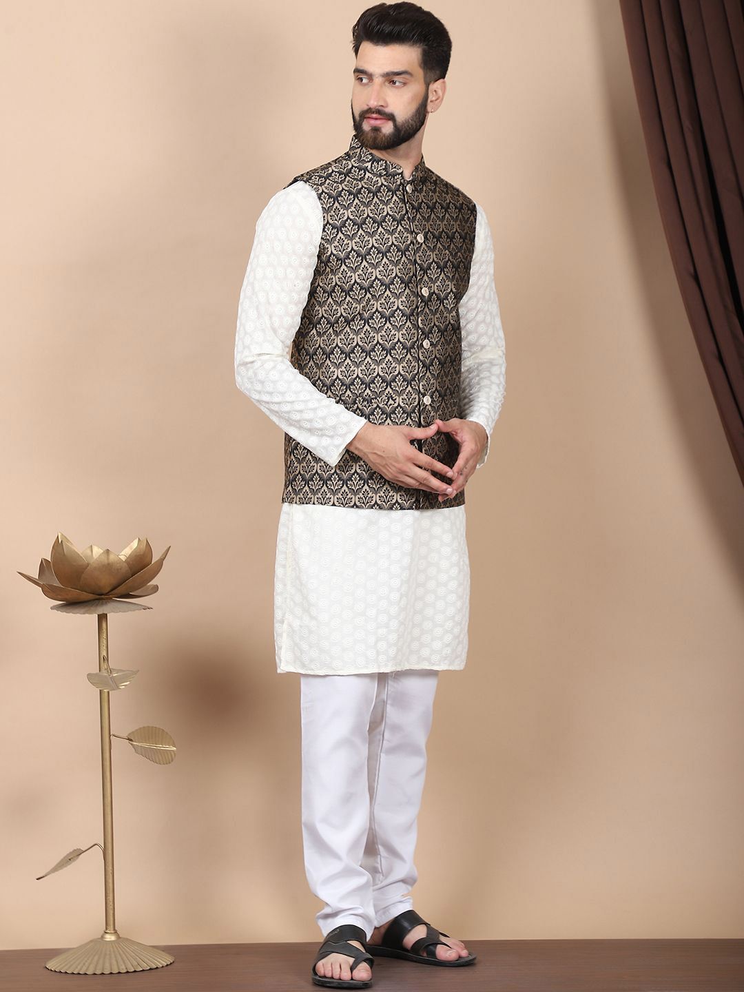 Anouk Cream-Coloured Floral Embroidered Pure Cotton Kurta with Churidar & Nehru Jacket