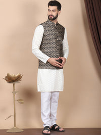 Anouk Cream-Coloured Floral Embroidered Pure Cotton Kurta with Churidar & Nehru Jacket