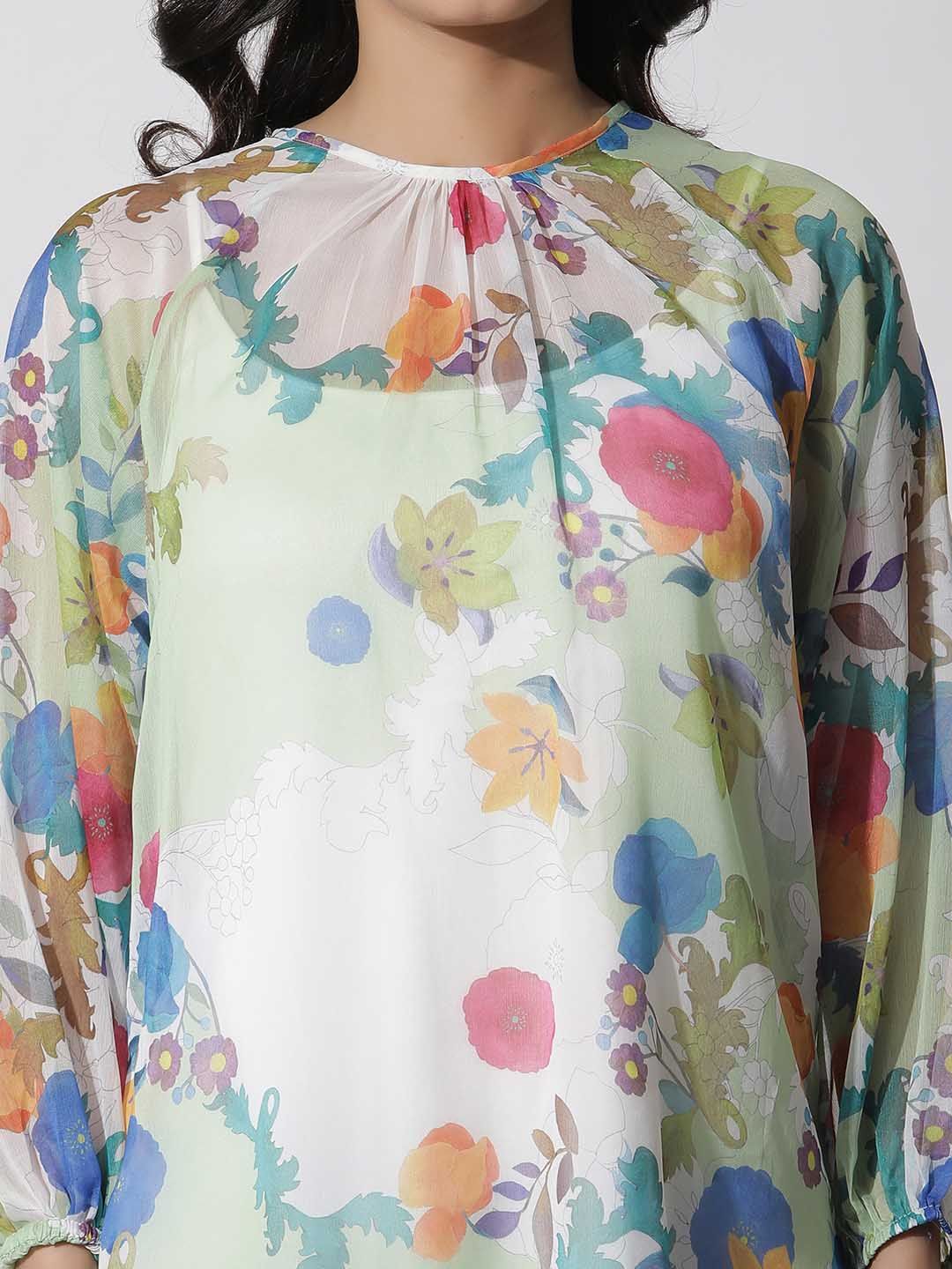 W Floral Printed Puffed Sleeves Pure Chiffon Top