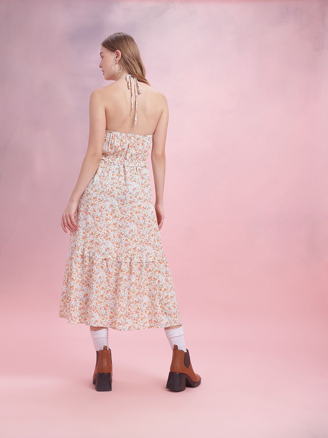 DressBerry Floral Print Halter Neck A-Line Midi Dress