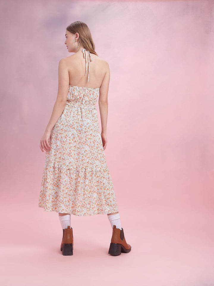 DressBerry Floral Print Halter Neck A-Line Midi Dress