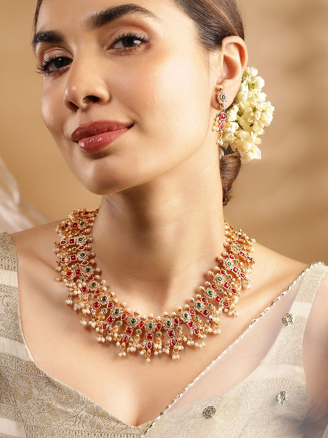 Rubans 24K Gold Plated Handcrafted Ruby & Emerald Studded & Pearl Beaded Jewellery Set