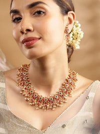 Rubans 24K Gold Plated Handcrafted Ruby & Emerald Studded & Pearl Beaded Jewellery Set