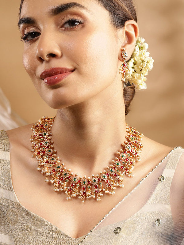 Rubans 24k Gold Plated Handcrafted Ruby & Emerald Studded & Pearl Beaded Jewellery Set