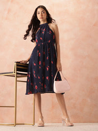 all about you Floral Print Halter Neck Accordion Pleats Fit & Flare Midi Dress