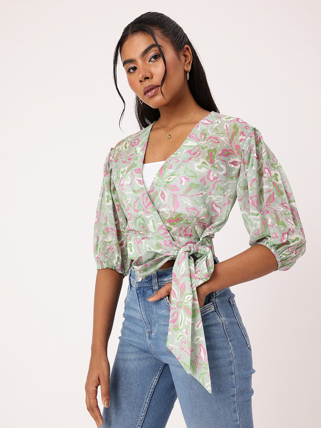 DressBerry Trendy Blossom Print Semi Sheer Crop Wrap Top With Inner Slip