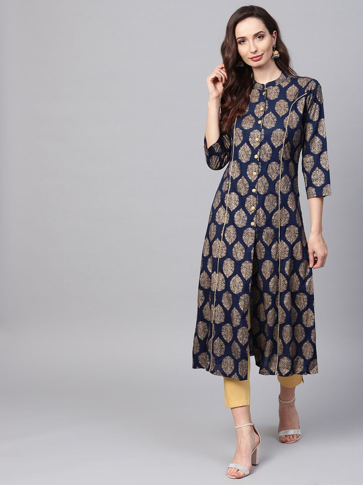 SOJANYA Women Navy Blue & Golden Foil Print Kurta Lurus