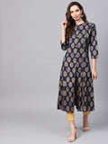 SOJANYA Women Navy Blue & Golden Foil Print Kurta Lurus