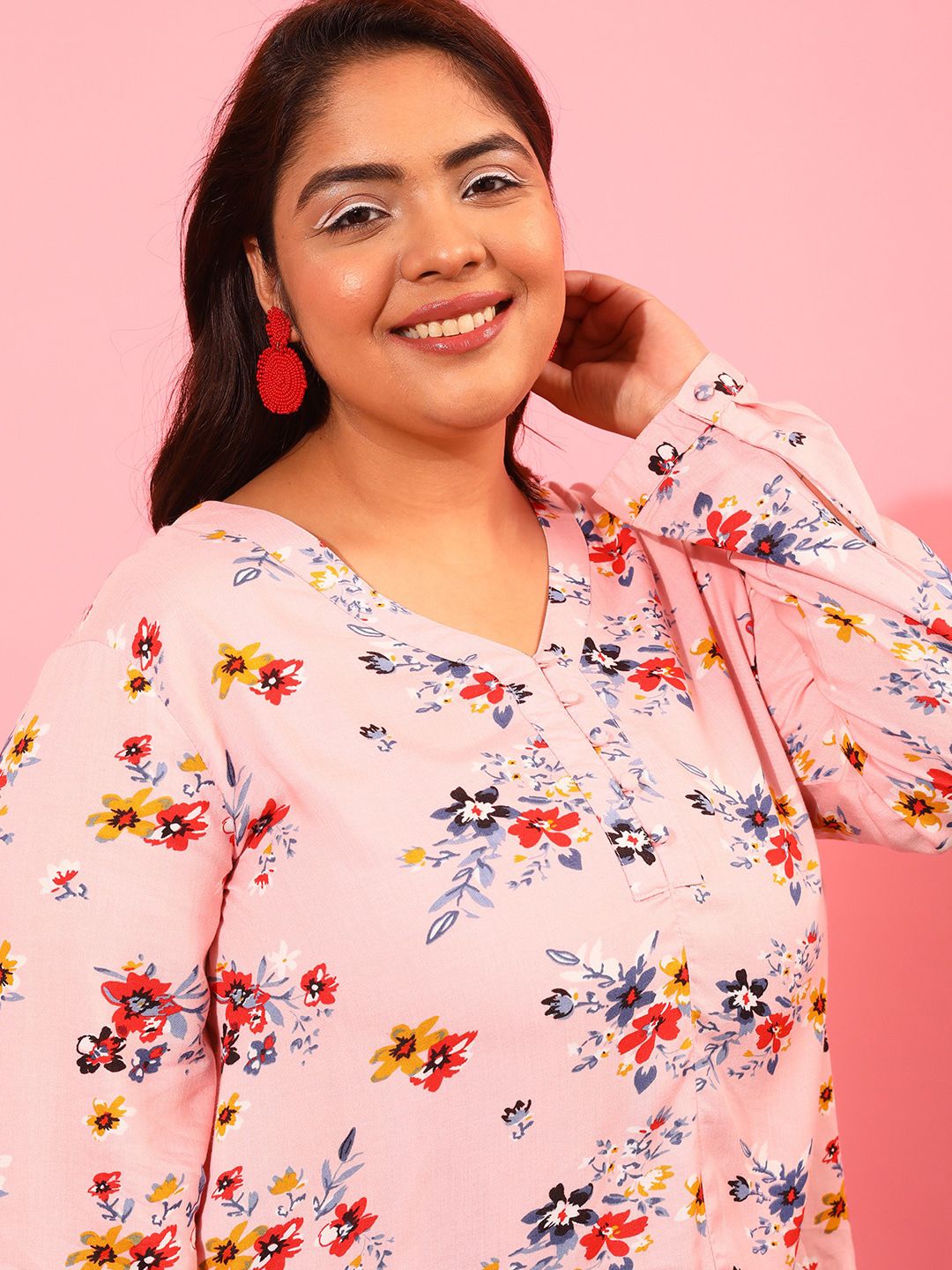 CURVY STREET Floral Printed Cuffed Sleeves Top