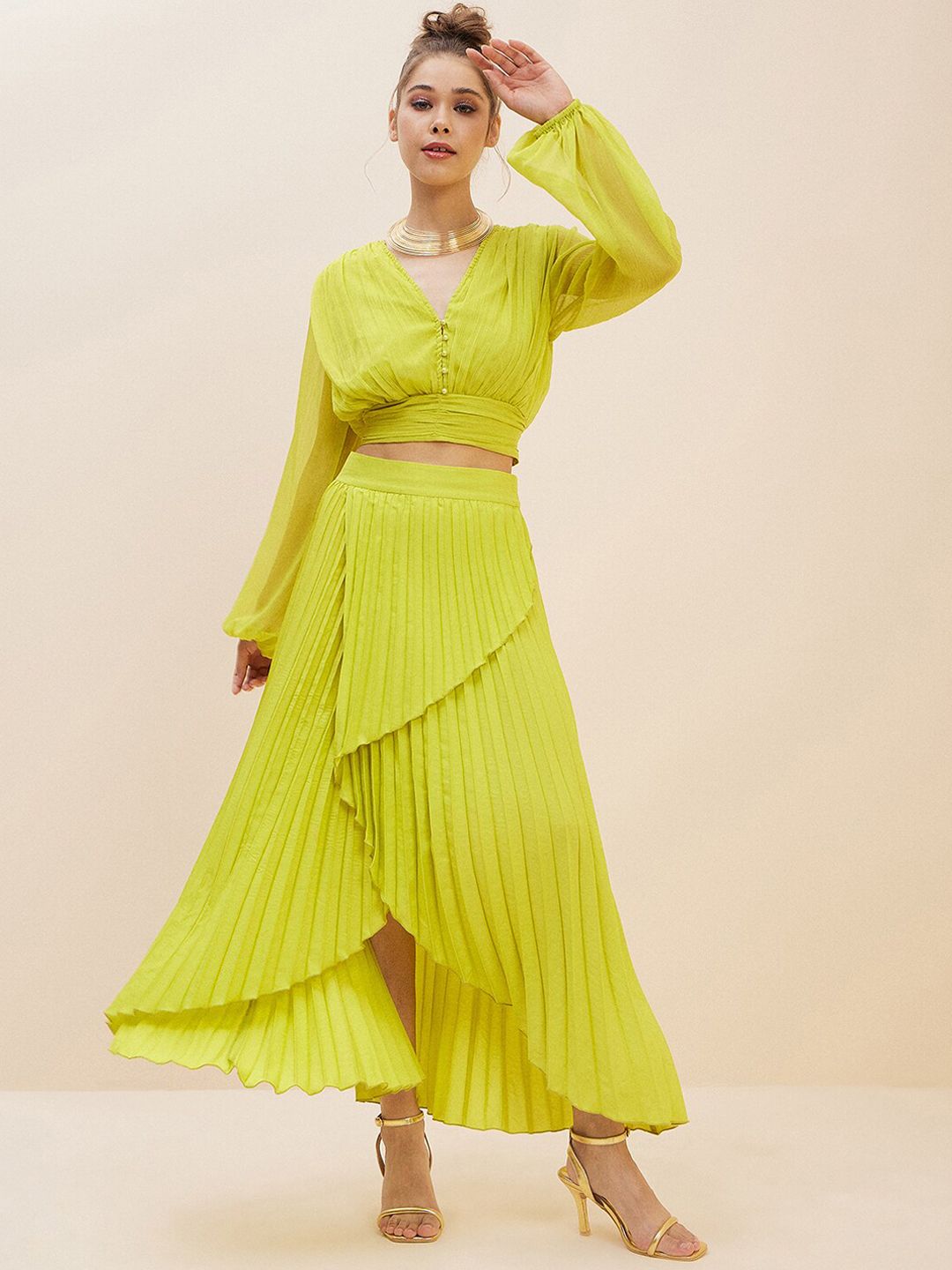 Antheaa Lime Green Crop Top With Accordion Pleated Overlap Assymetric Skirt