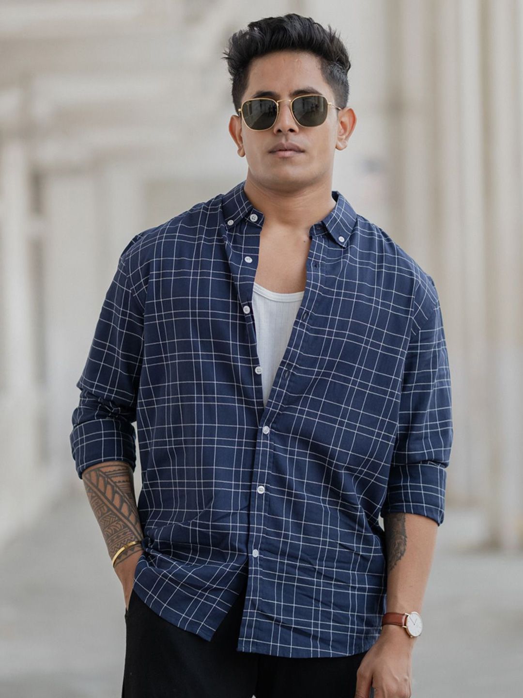 Powerlook Men Button-Down Collar Tartan Checked Cotton Casual Shirt
