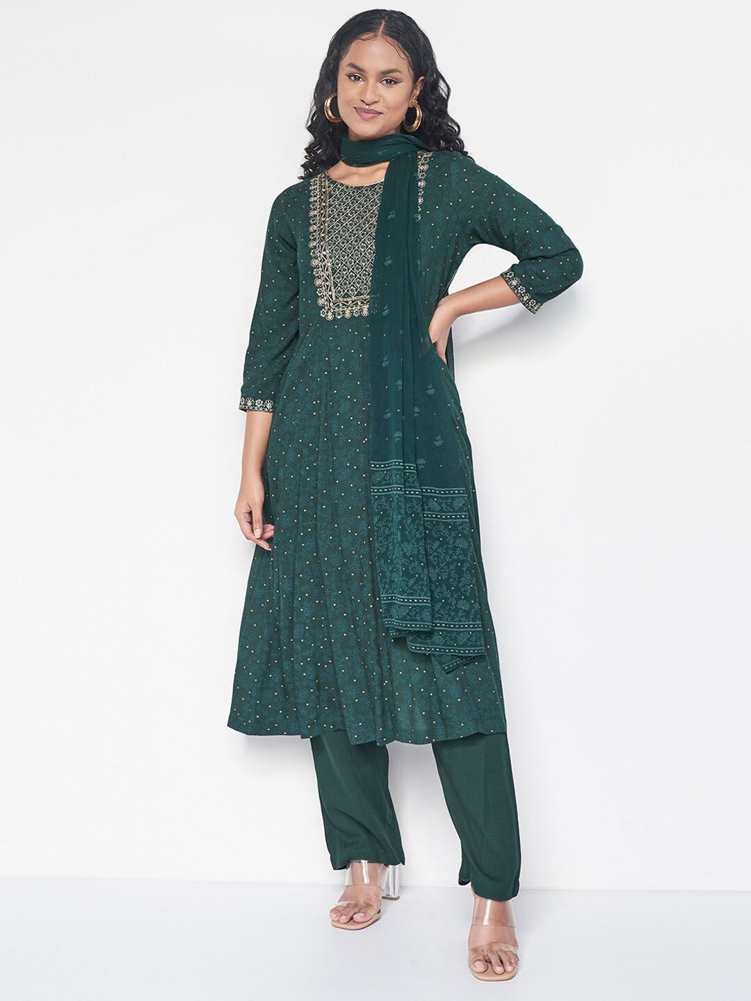 Global Desi Embroidered Kurta with Palazzos & With Dupatta