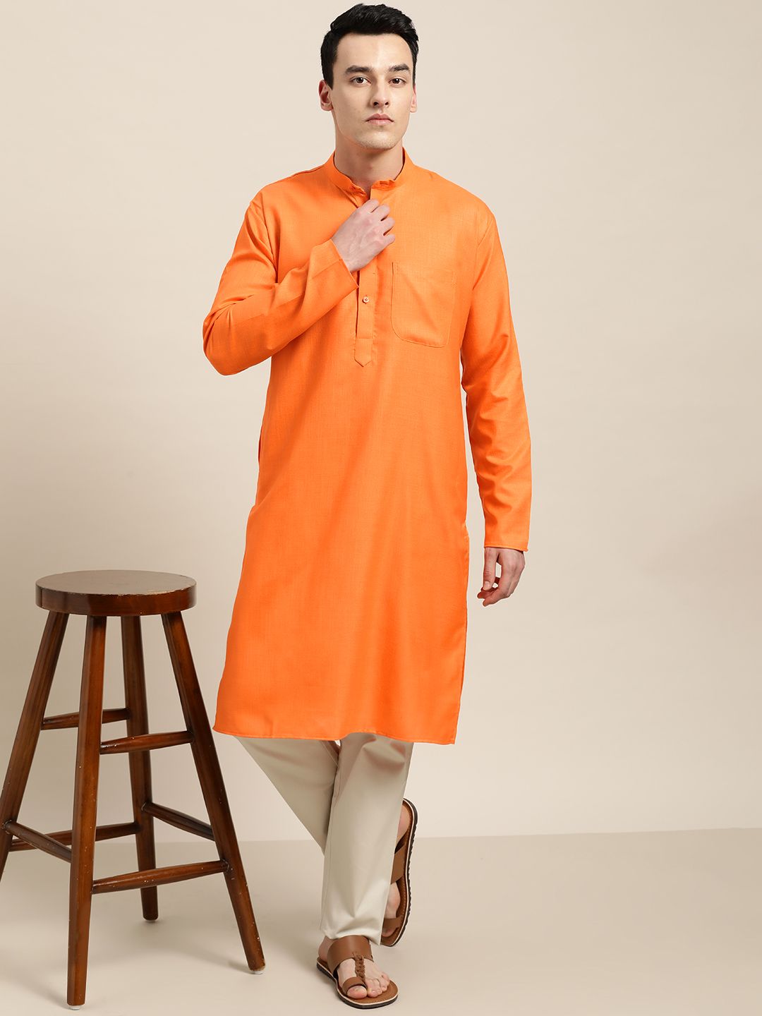 SOJANYA Men Orange Solid Straight Kurta
