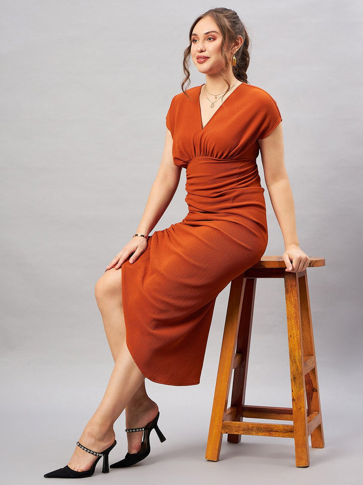 Antheaa Orange V-Neck Extended Sleeves Sheath Midi Dress
