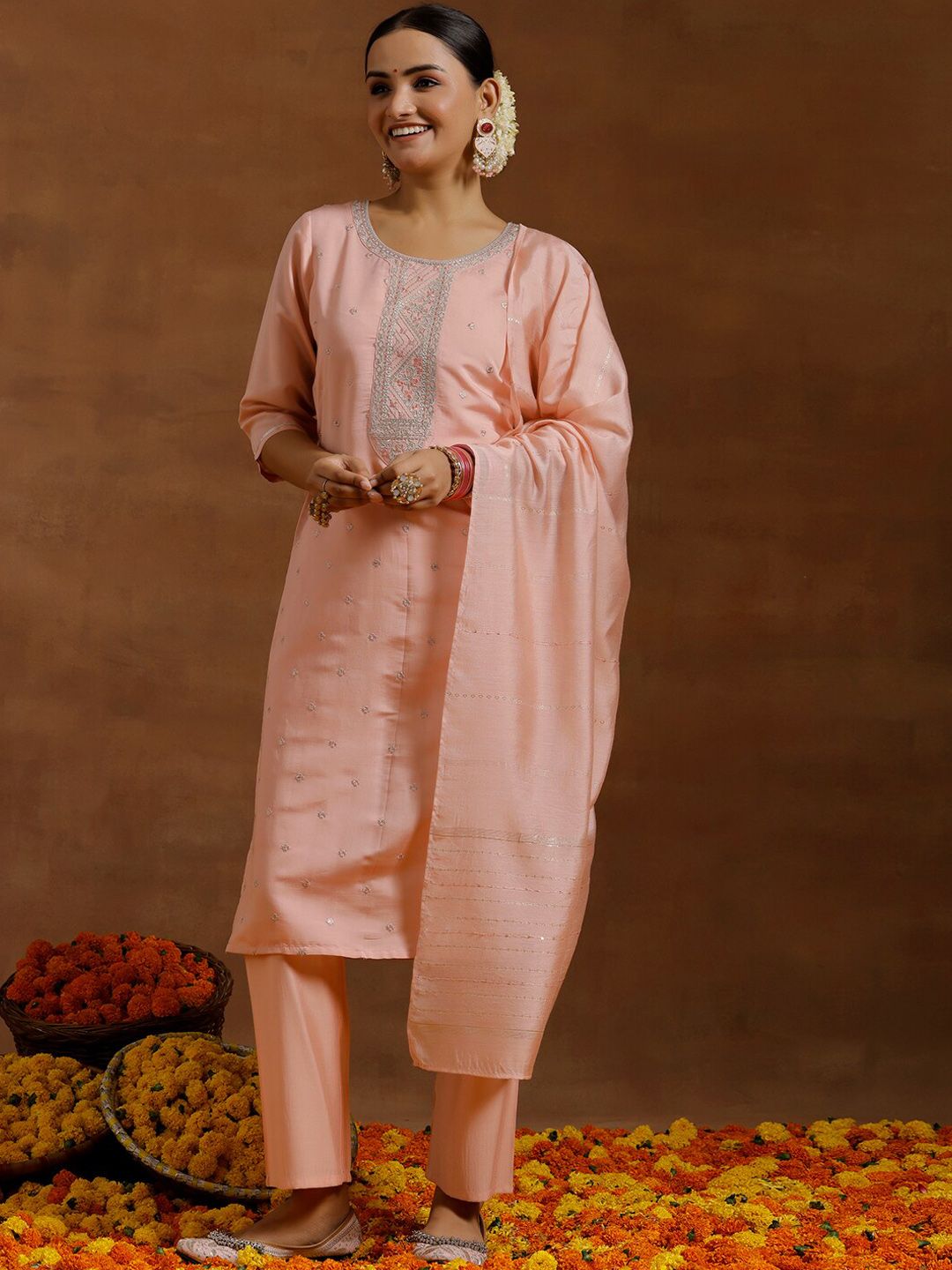 Gerua By Libas Floral Yoke Design Regular Sequinned Kurta With Trousers & Dupatta