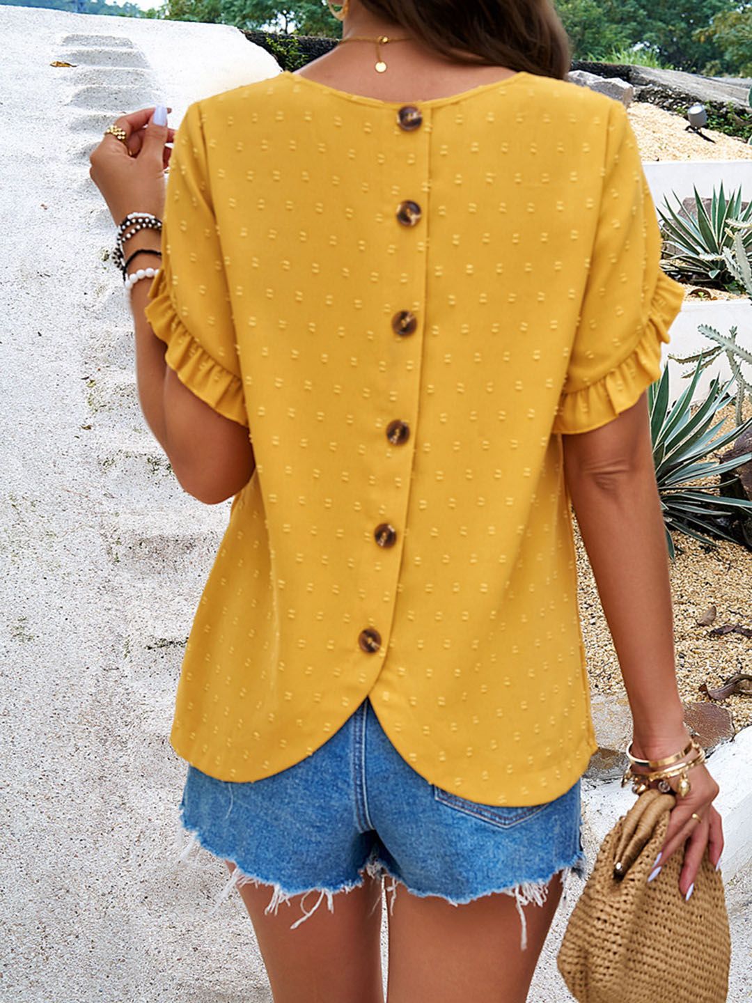 all about you Yellow Self Design Round Neck Top