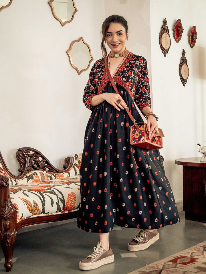 Rustorange Black & Orange Ethnic Motifs Printed Maxi Dress