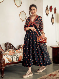 Rustorange Black & Orange Ethnic Motifs Printed Maxi Dress