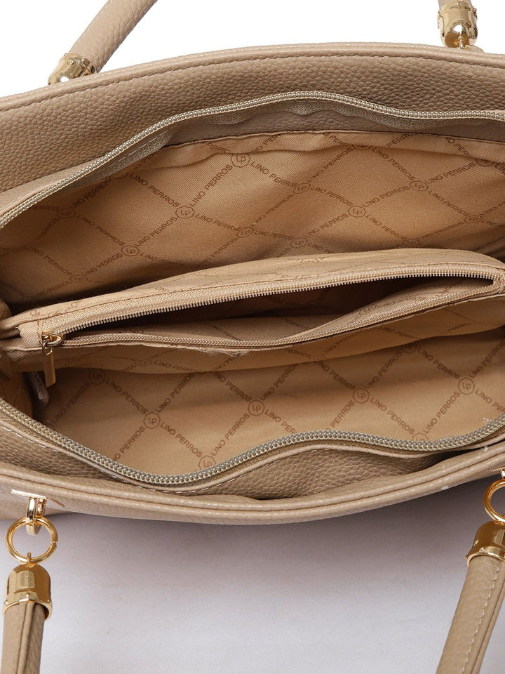 Lino Perros Beige Solid Handheld Bag with Sling Strap
