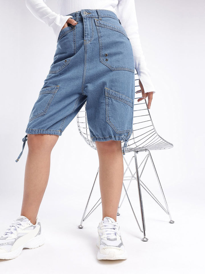 DressBerry Women Street Cool High-Rise Knee Length Denim Cargo Shorts