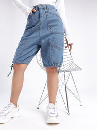 DressBerry Women Street Cool High-Rise Knee Length Denim Cargo Shorts