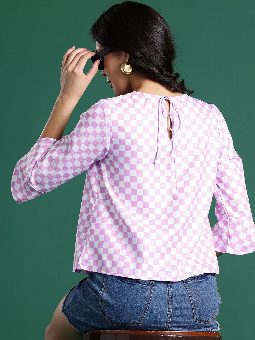 DressBerry Checked Bell Sleeves Back Tie-Up Top