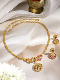 Rubans 18K berlapis emas Ruby Pink & Emerald Green Stone Studded Floral Design Necklace Set