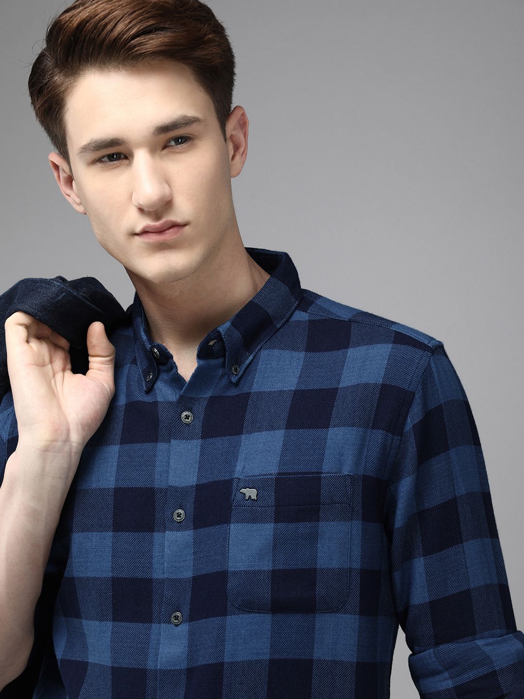 THE BEAR HOUSE Men Flannel Cotton Slim Fit Windowpane Checked Casual Shirt