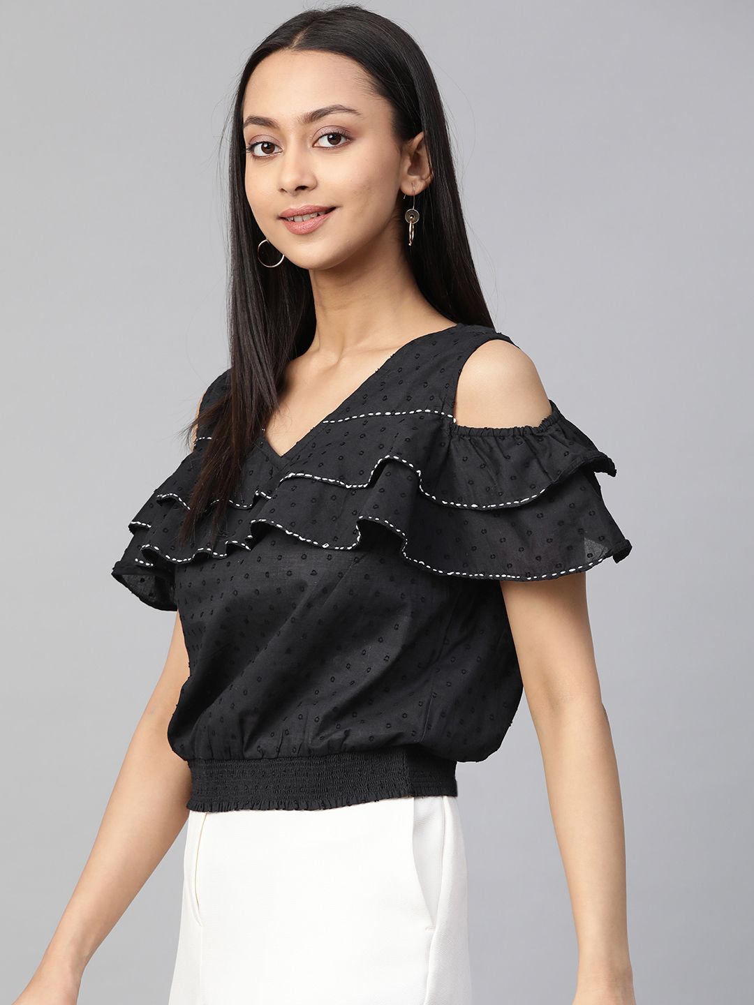 Global Desi Black Dobby Weave Cold-Shoulder Sleeves Smocked Blouson Top