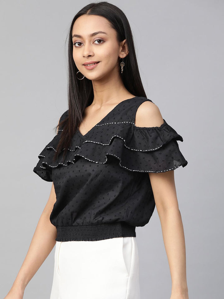 Global Desi Black Dobby Weave Cold-Shoulder Sleeves Smocked Blouson Top