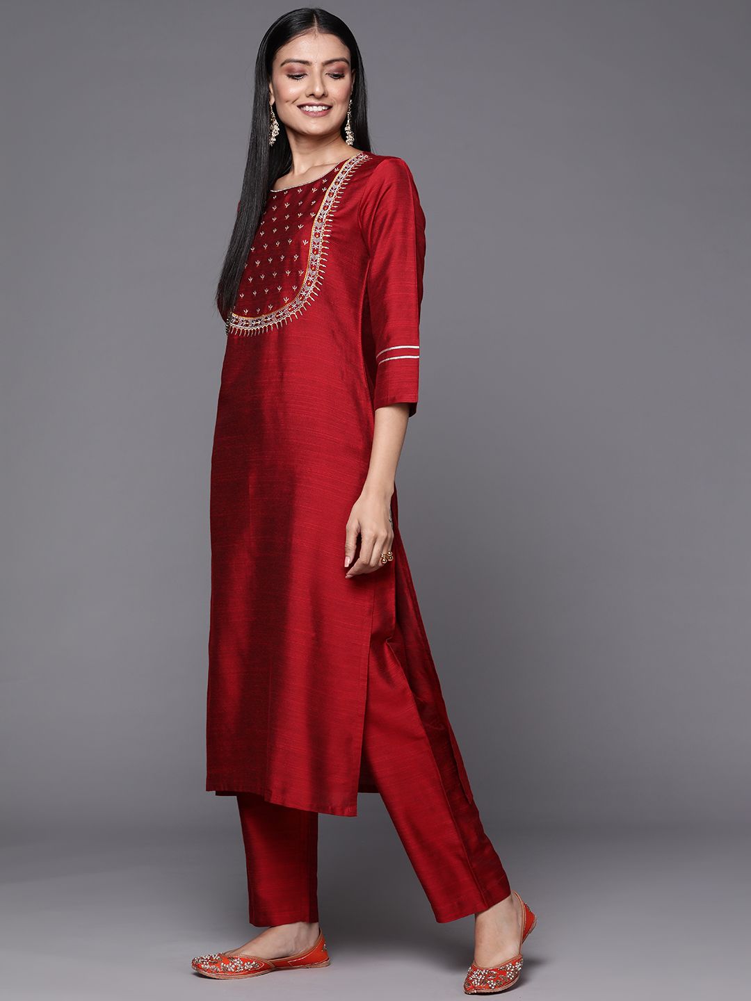 Varanga Women Maroon Ethnic Motifs Embroidered Kurta with Trousers & With Dupatta