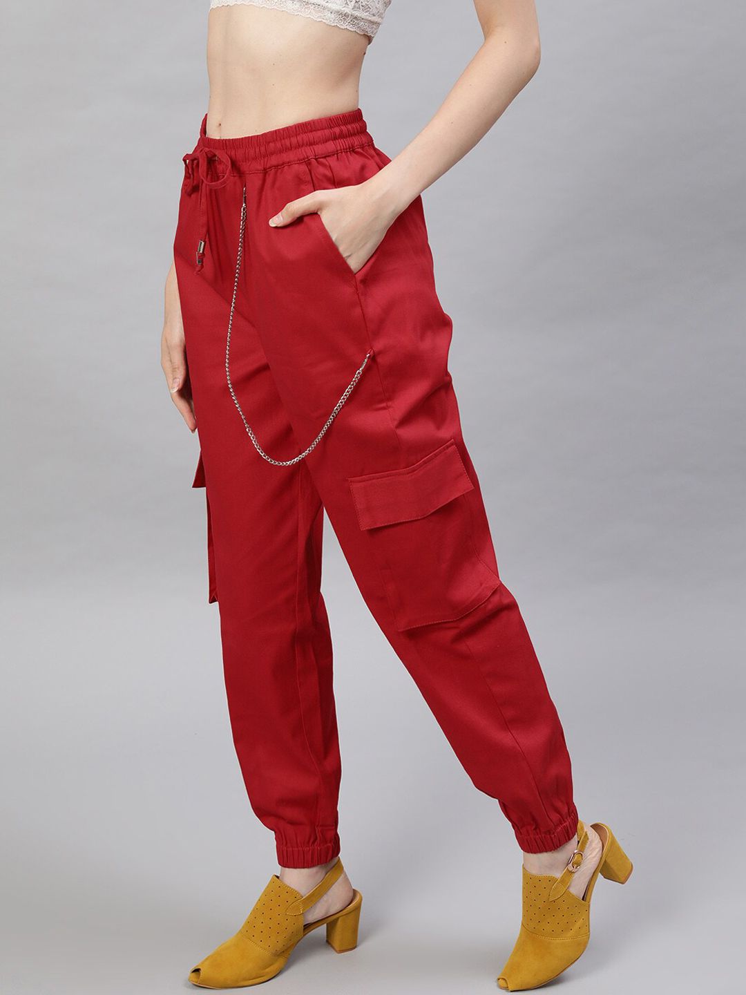 STREET 9 Women Pure Cotton Red Twill Cargo With Chain