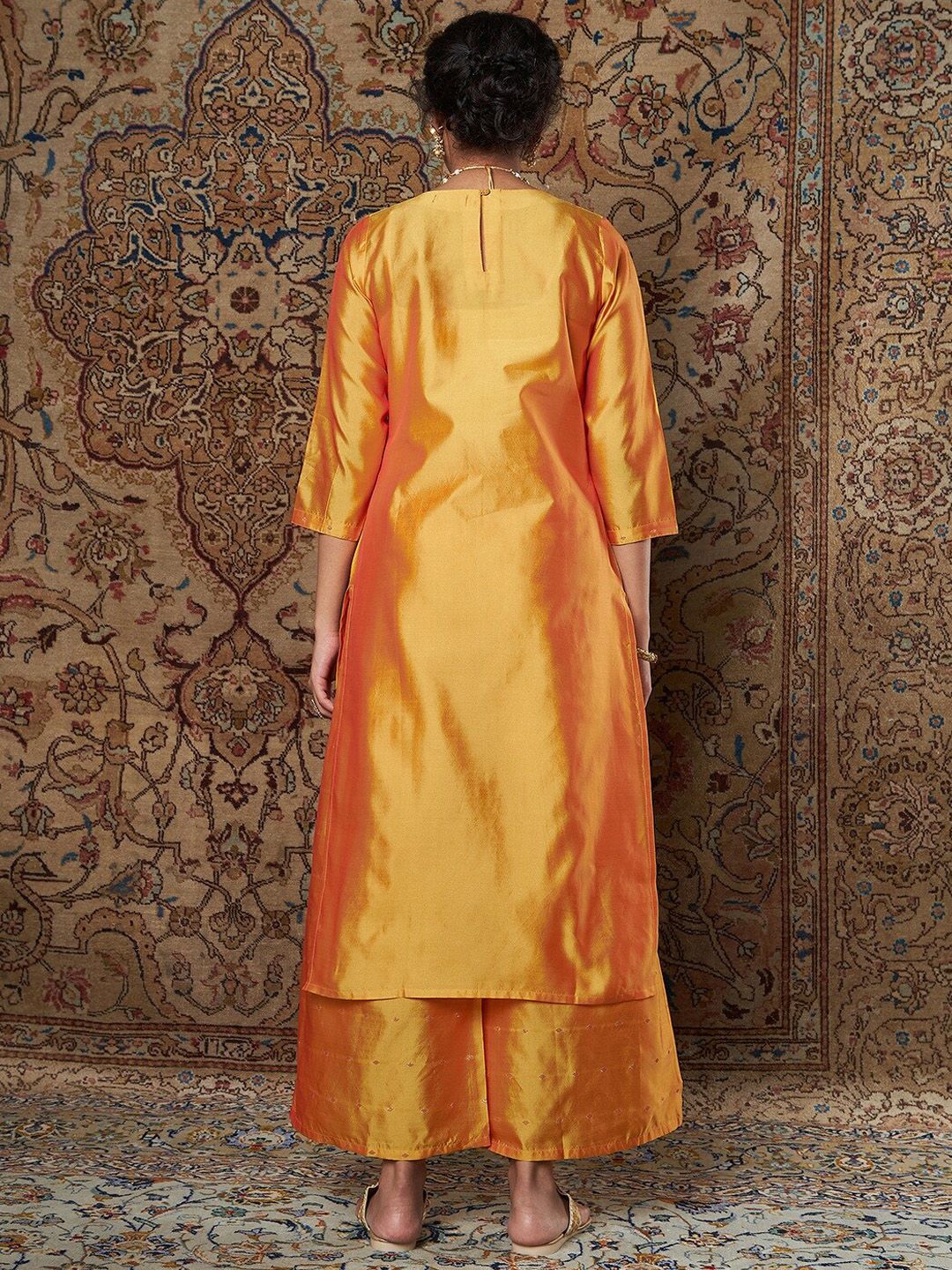 Shae by SASSAFRAS Women Mustard Yellow Ethnic Motifs Embroidered Thread Work Kurta with Palazzos