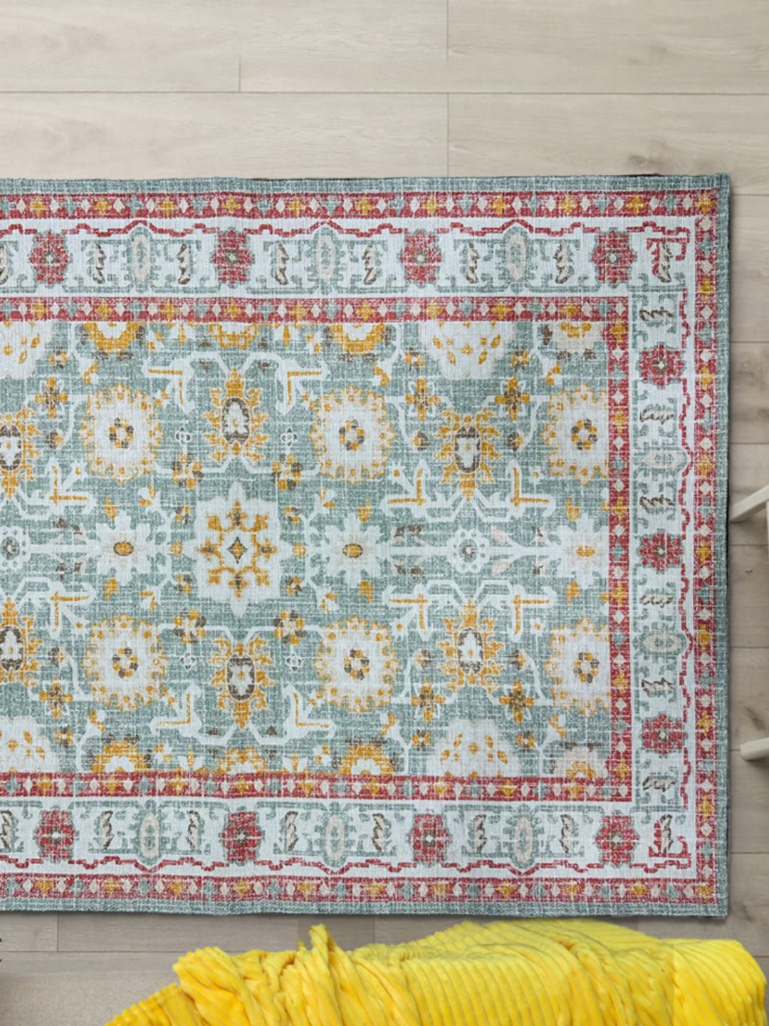 URBAN SPACE Green & White Ethnic Motifs Printed Vintage Anti-Skid Carpet
