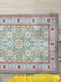 URBAN SPACE Green & White Ethnic Motifs Printed Vintage Anti-Skid Carpet