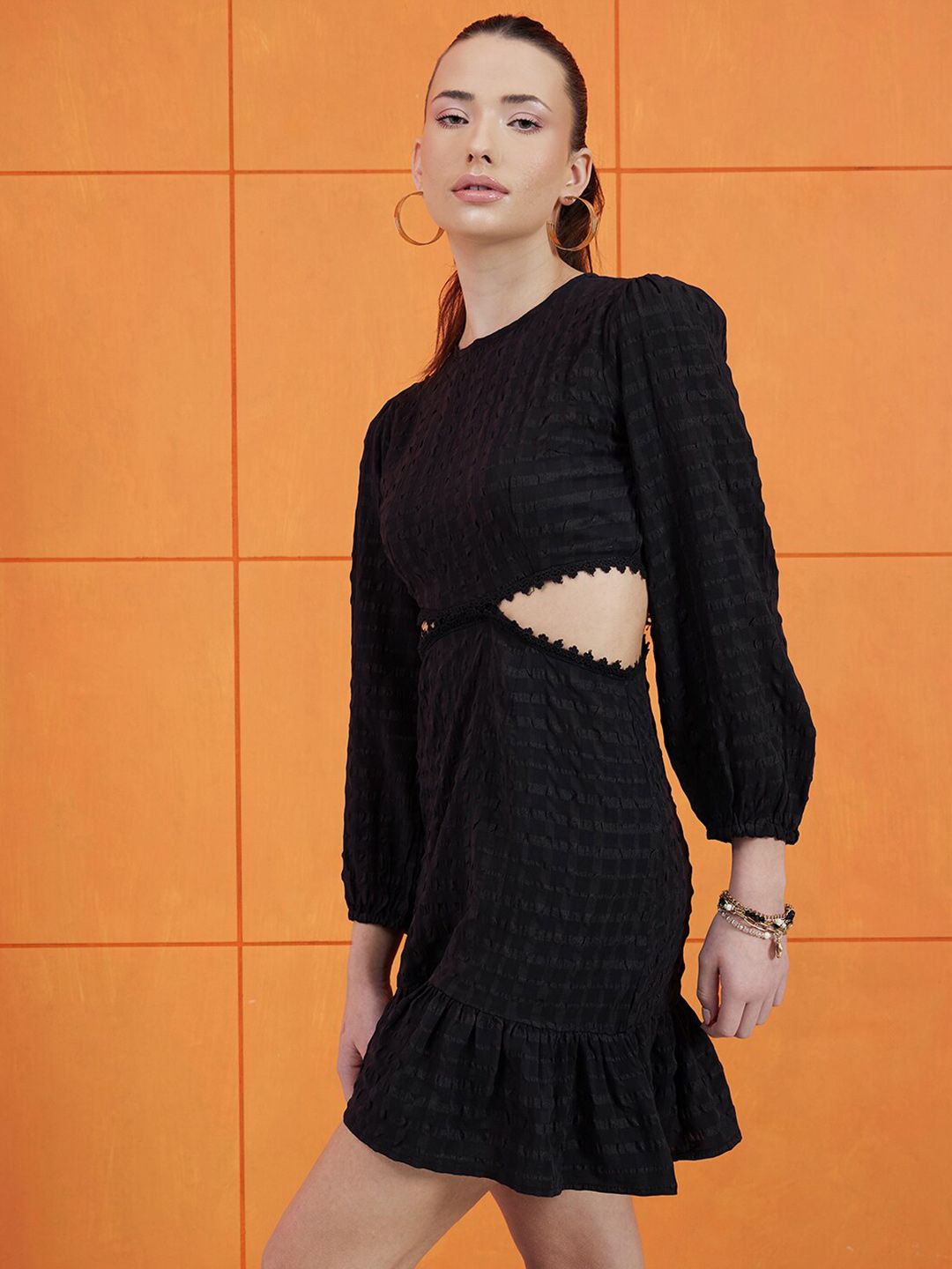 STREET 9 Self Design Round Neck Puff Sleeves Cut-Outs A-Line Dress