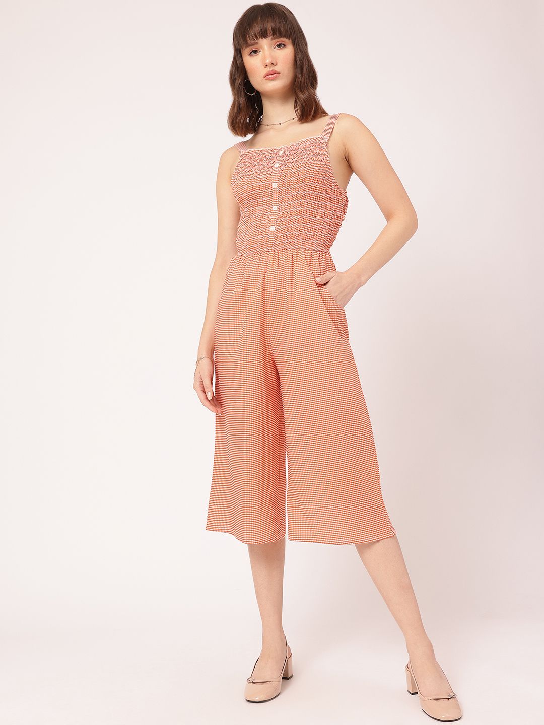 DressBerry Casual Getaway Gingham Checks Smocked Culotte Jumpsuit