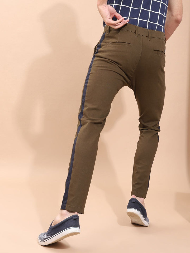The Indian Garage Co Men Brown Slim Fit Solid Regular Trousers With Side Taping
