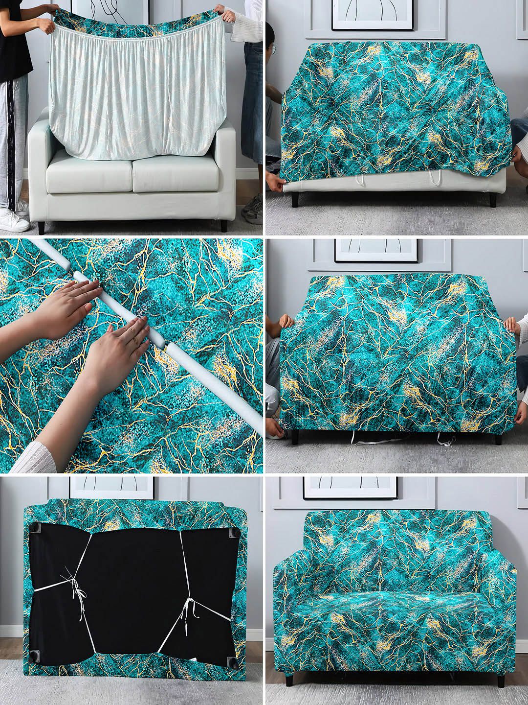 Cortina Teal Green Printed Polyester 4 Seater Stretchable Non-Slip Sofa Cover