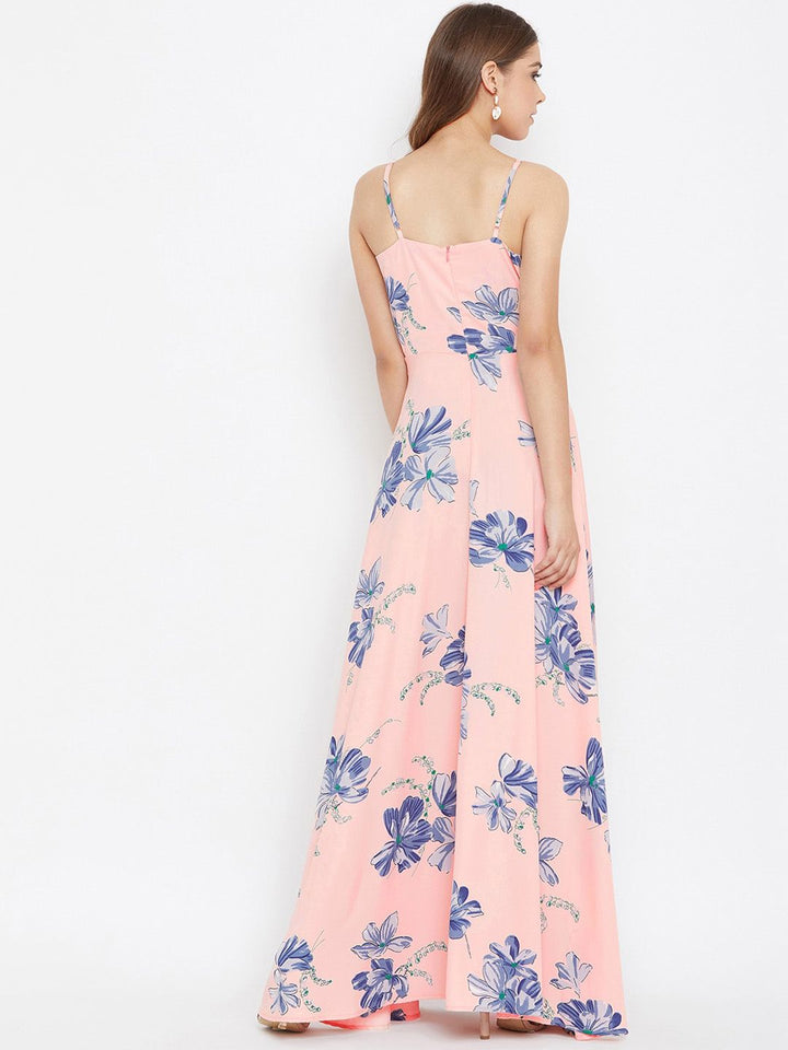 Berrylush Women Pink & Blue Floral Print Maxi Dress