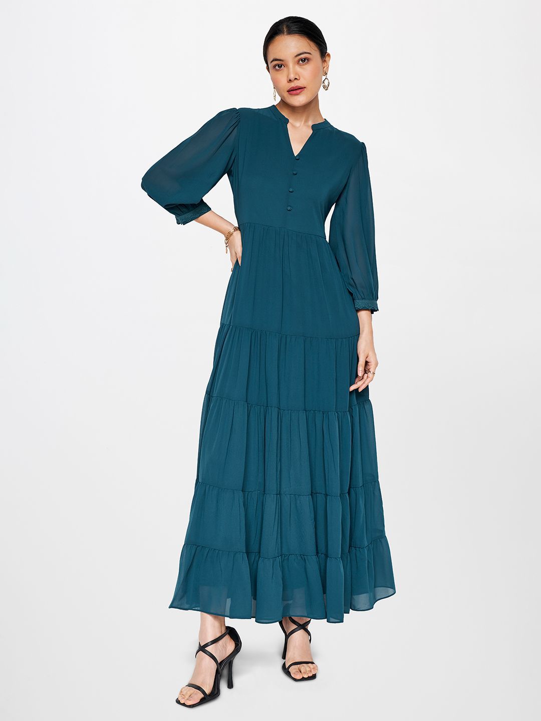 AND Mandarin Collar Puff Sleeves Maxi Fit and Flare Dress